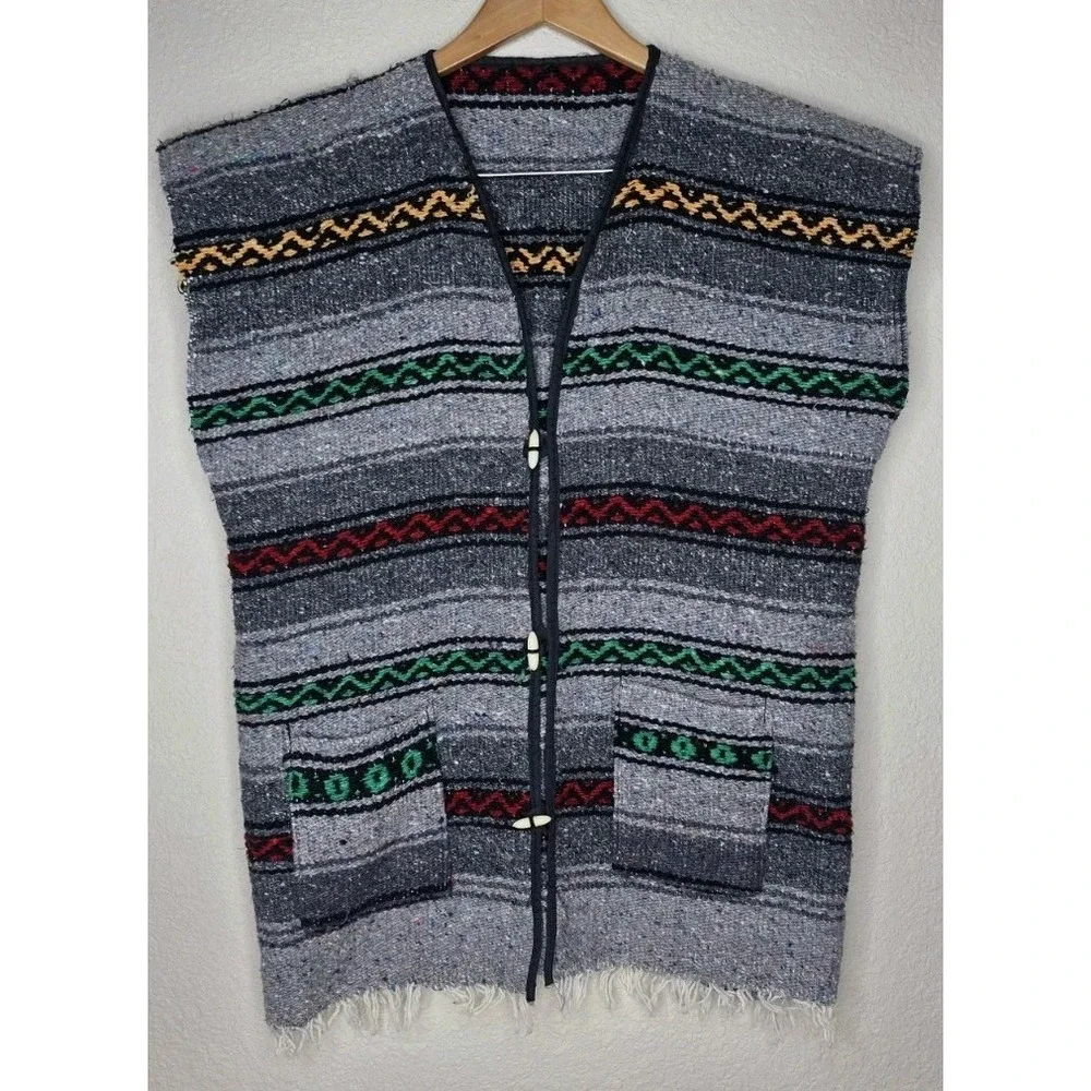 Vintage Serape Southwest Mexican Woven Multicolor Vest-OSFM Gray Aztec Fringe